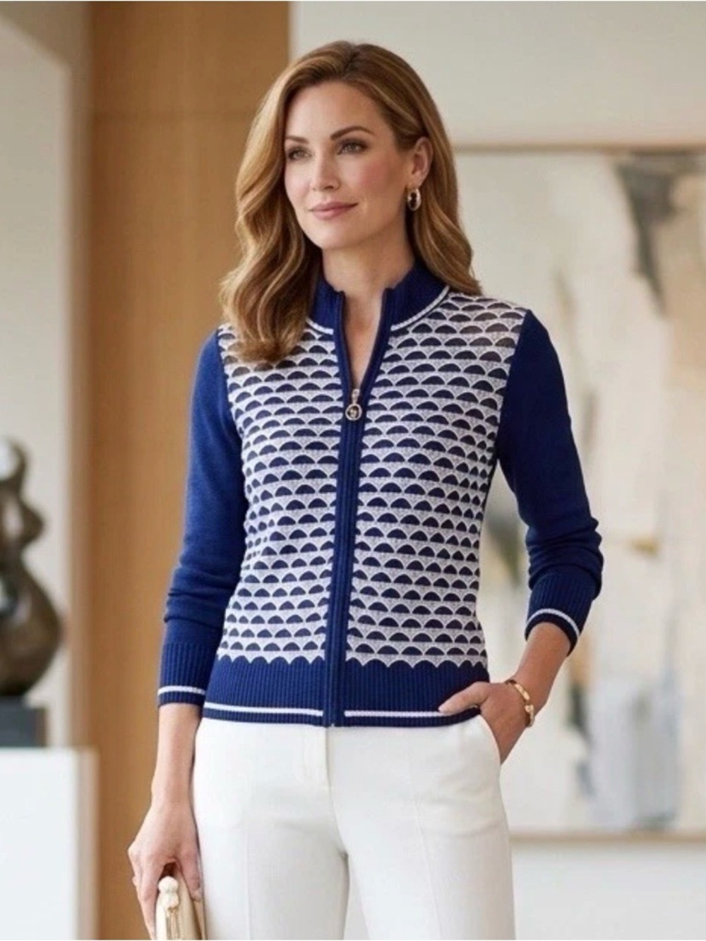 St John Sport By Marie Gray Cardigan Sweater Small Vtg Y2k Zip Luxury Nautical
